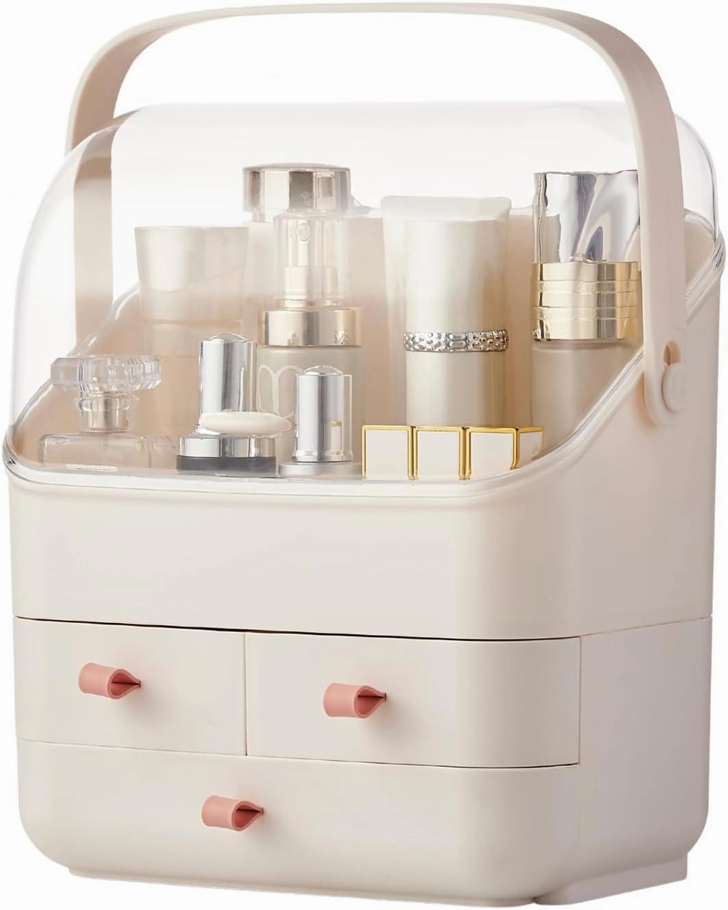 SUNFICON Preppy Skincare Organizers Makeup Organizer Holder Beauty Cosmetic Storage Box Display Case Dust Free Cover Portable Handle 2 Rroomy Drawers Gift Great For Bathroom Countertop Ivory White