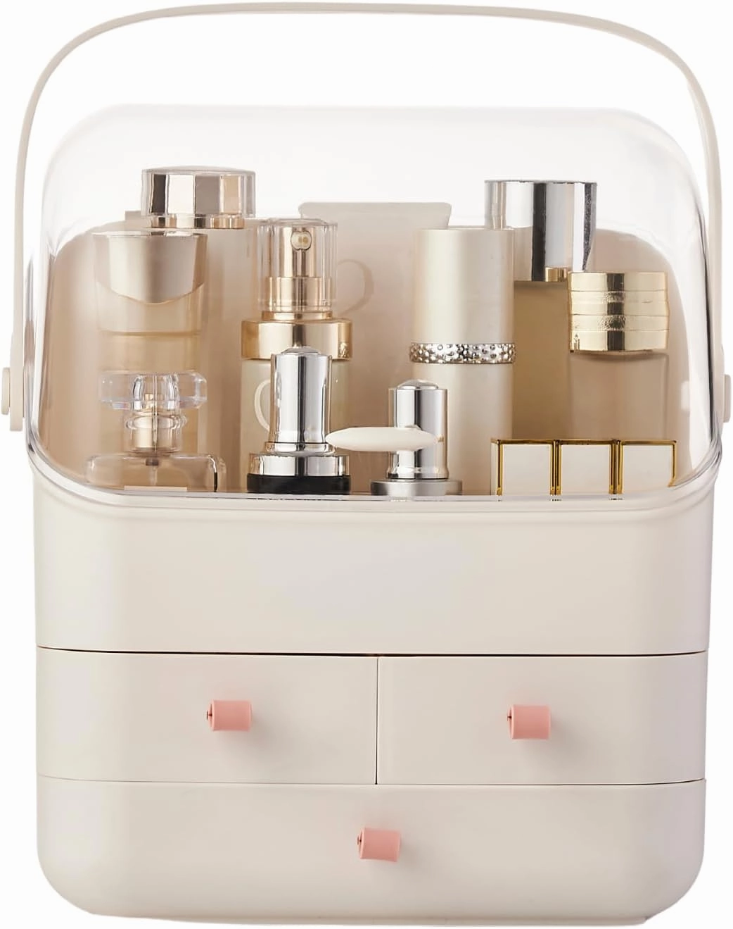 SUNFICON Preppy Skincare Organizers Makeup Organizer Holder Beauty Cosmetic Storage Box Display Case Dust Free Cover Portable Handle 2 Rroomy Drawers Gift Great For Bathroom Countertop Ivory White