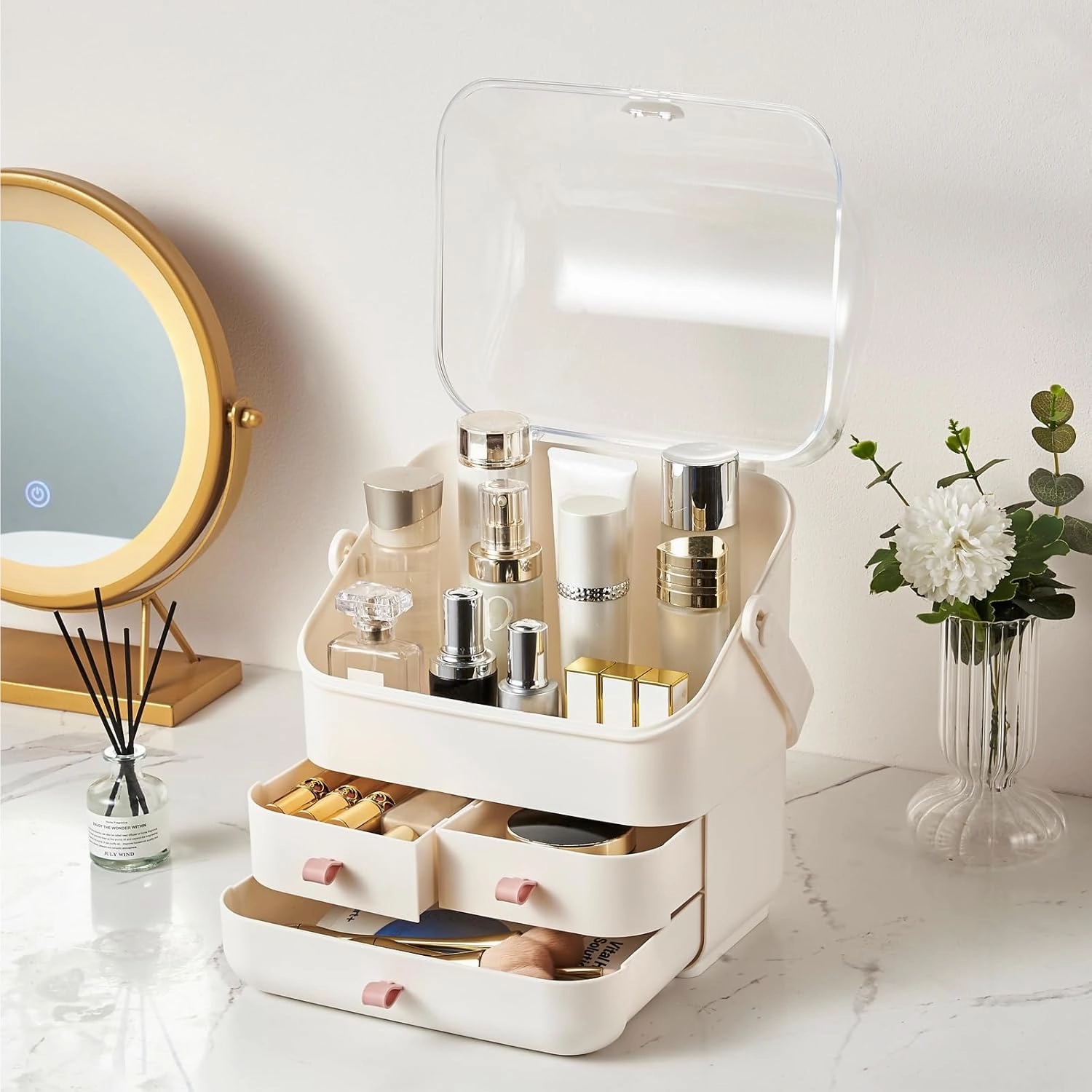 SUNFICON Preppy Skincare Organizers Makeup Organizer Holder Beauty Cosmetic Storage Box Display Case Dust Free Cover Portable Handle 2 Rroomy Drawers Gift Great For Bathroom Countertop Ivory White