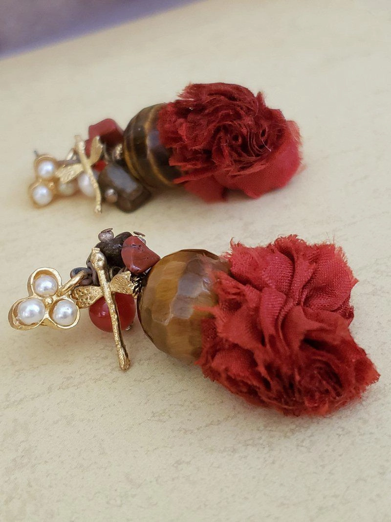 Tiger's Eye and Pearl Earrings