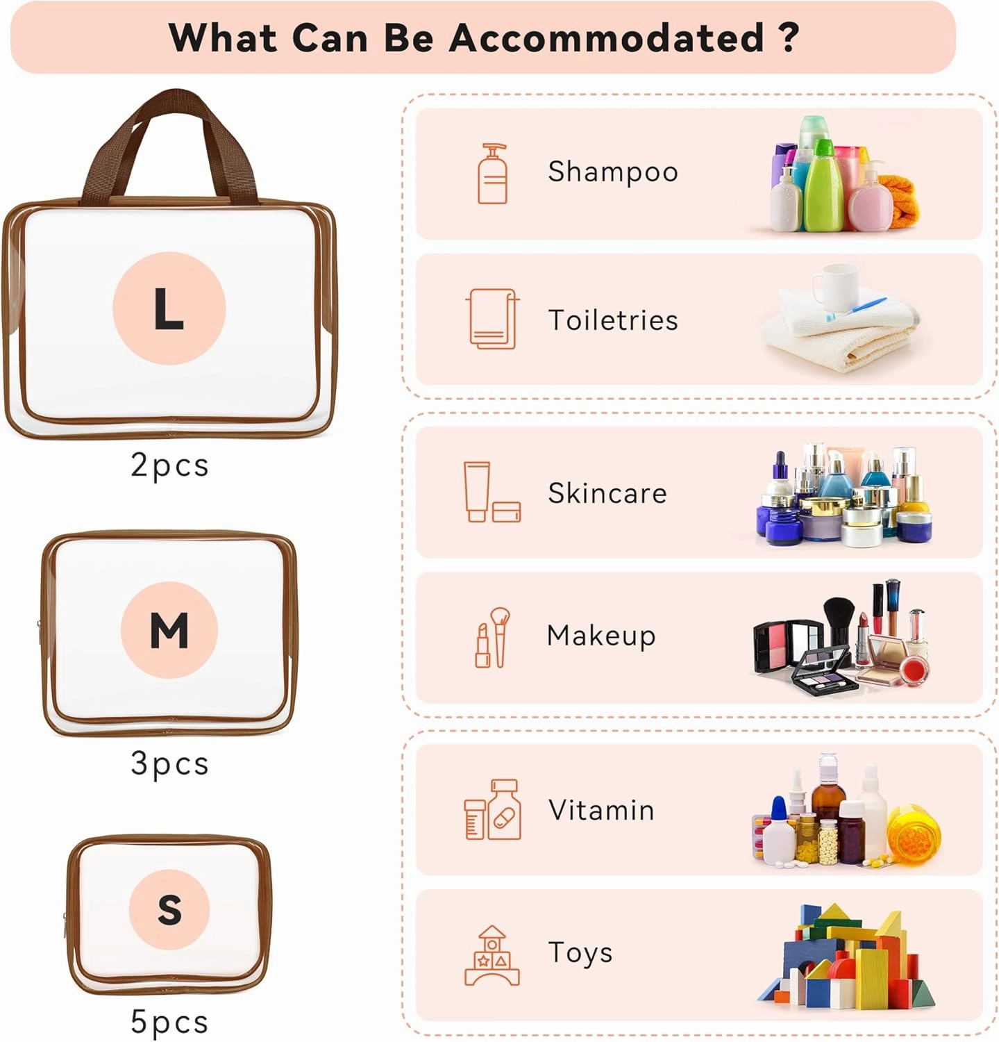 TISRATOK 10 PCS Clear Travel Makeup Toiletry Bag, Plastic PVC Cosmetic TSA Approved Organizer Kit with Zipper Handbag（Coffee）