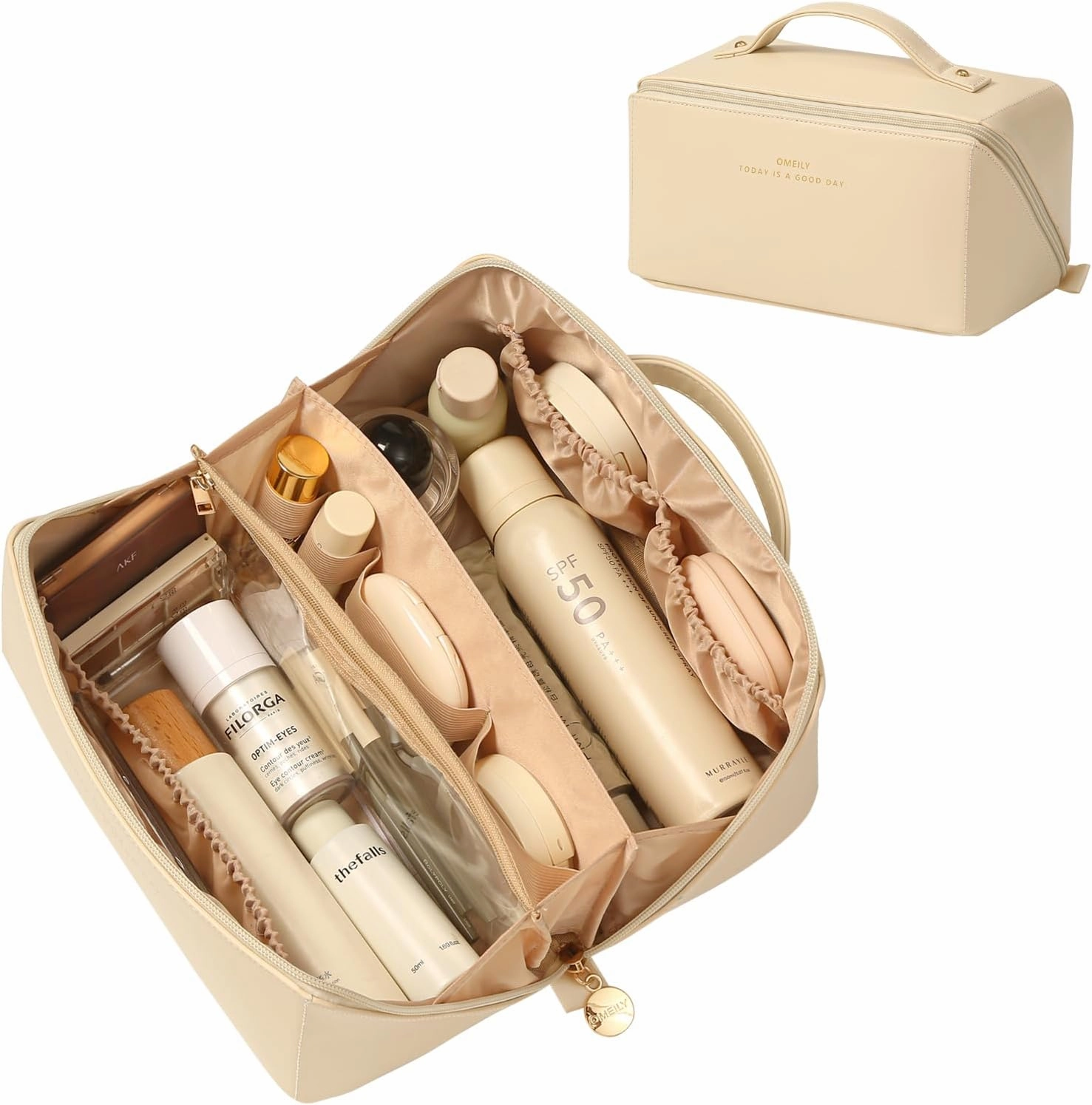 Travel Makeup Bag Organizer Countertop Case Toiletry Bag Cosmetic Bag for Women Vanity Storage Bathroom Counter Skincare Organizers Pouch with Divider and Handle Travel Essentials Gift for Girl