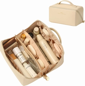 Travel Makeup Bag Organizer Countertop Case Toiletry Bag Cosmetic Bag for Women Vanity Storage Bathroom Counter Skincare Organizers Pouch with Divider and Handle Travel Essentials Gift for Girl