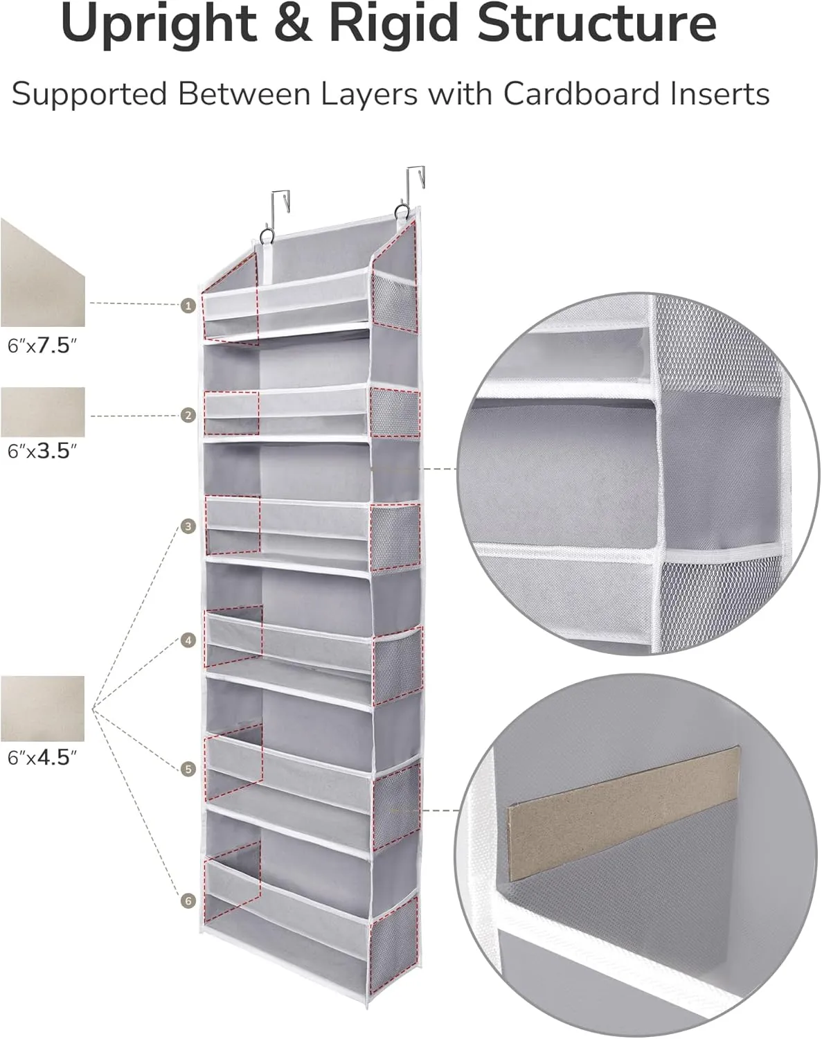 ULG Over The Door Organizer with 6 Large Pockets 12 Side Pockets, 50lbs Weight Capacity Door Hanging Organizer for Bedroom, Bathroom, Pantry, Nursery Storage, Gray