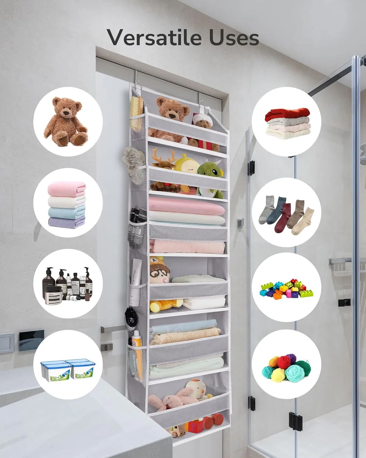 ULG Over The Door Organizer with 6 Large Pockets 12 Side Pockets, 50lbs Weight Capacity Door Hanging Organizer for Bedroom, Bathroom, Pantry, Nursery Storage, Gray