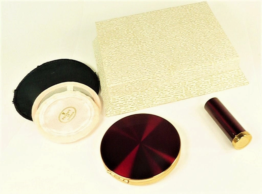 Unused Cased Crimson Enamel Compact Mirror And Lipstick Holder 1950s