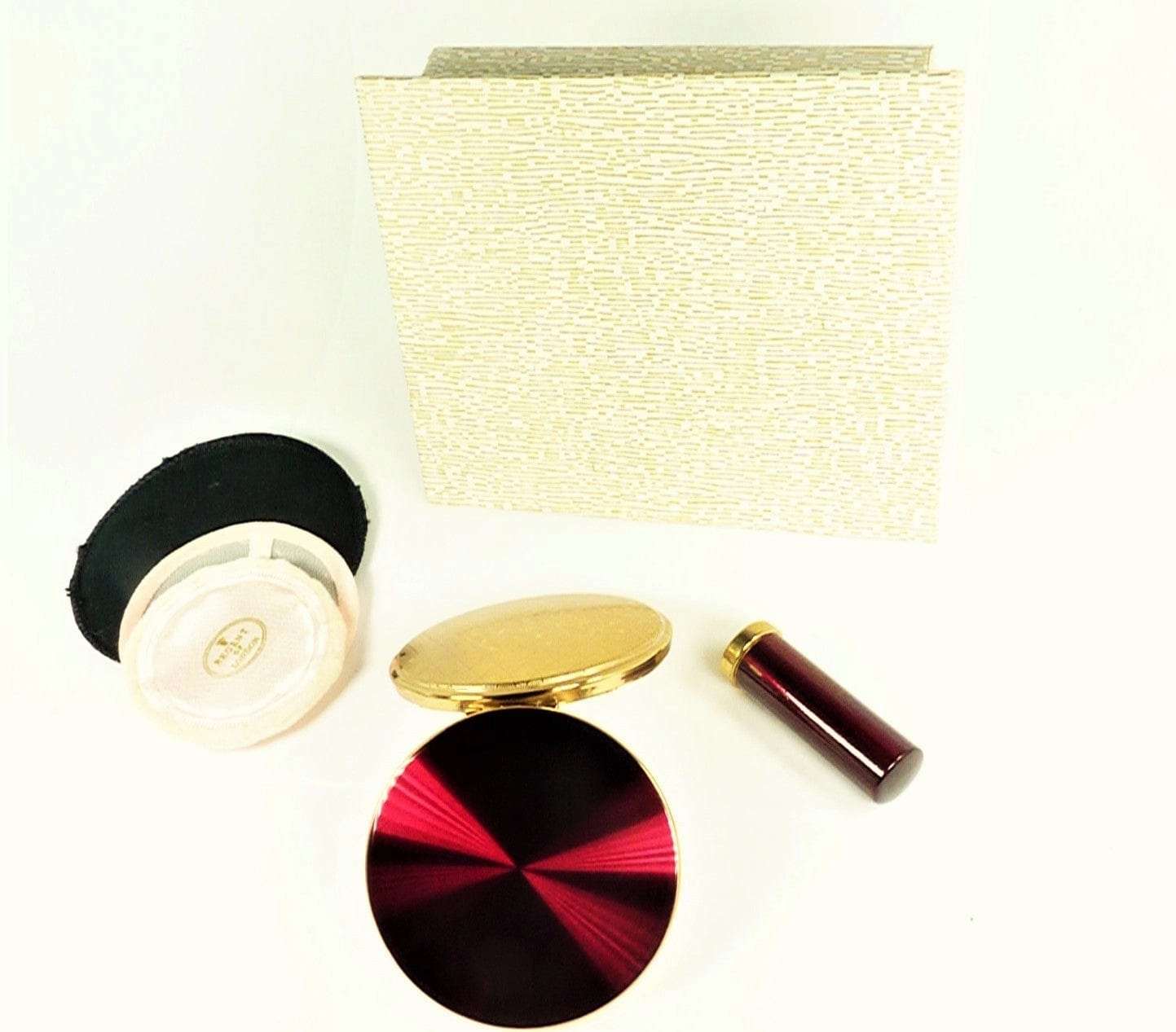 Unused Cased Crimson Enamel Compact Mirror And Lipstick Holder 1950s
