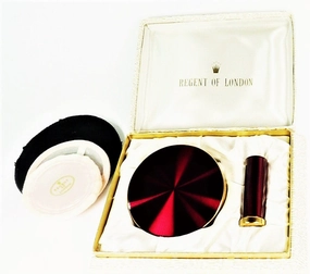 Unused Cased Crimson Enamel Compact Mirror And Lipstick Holder 1950s