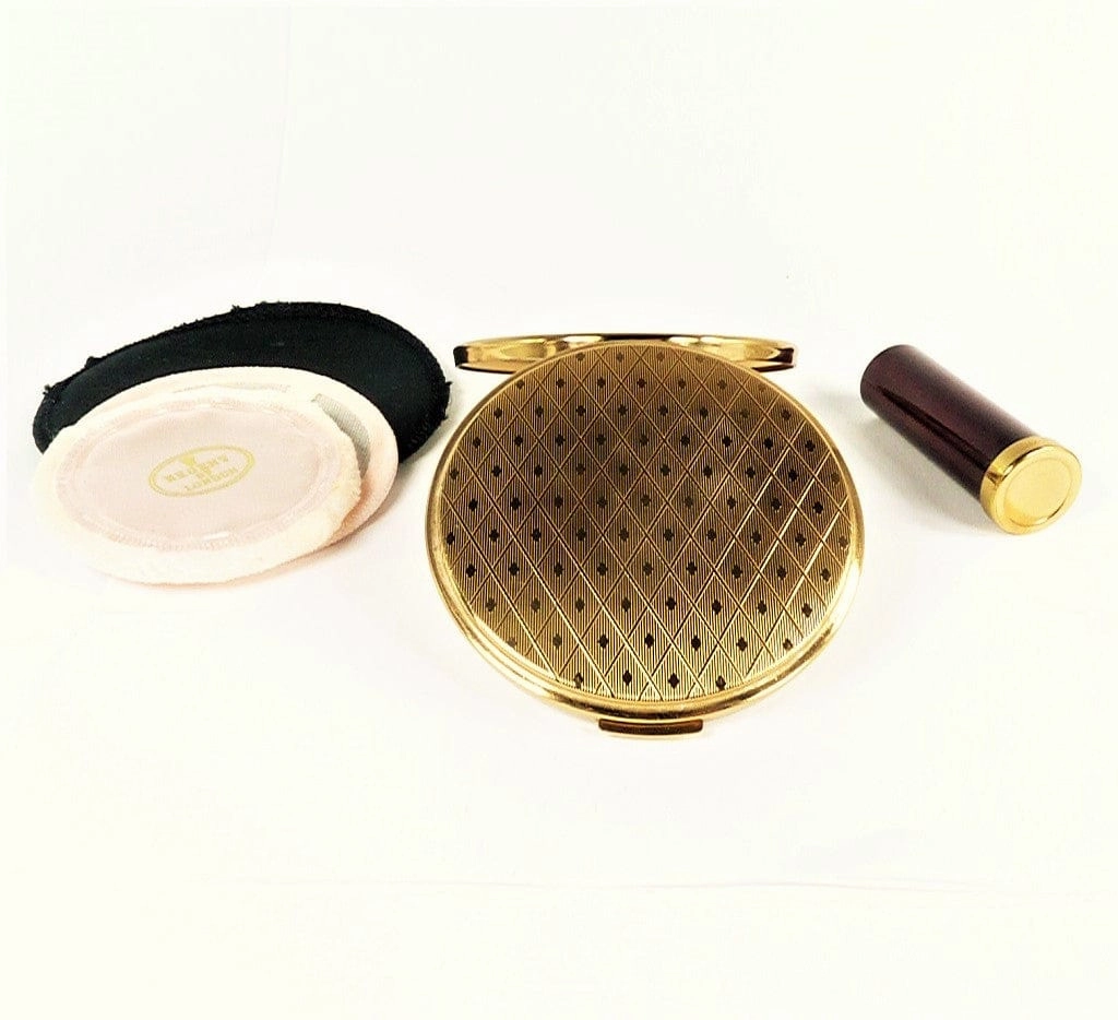 Unused Cased Crimson Enamel Compact Mirror And Lipstick Holder 1950s