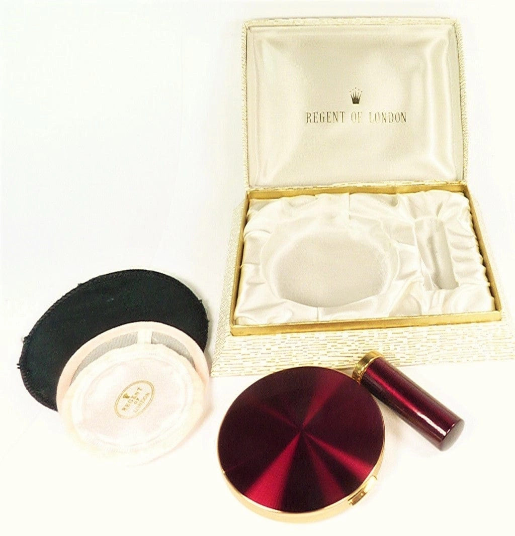 Unused Cased Crimson Enamel Compact Mirror And Lipstick Holder 1950s