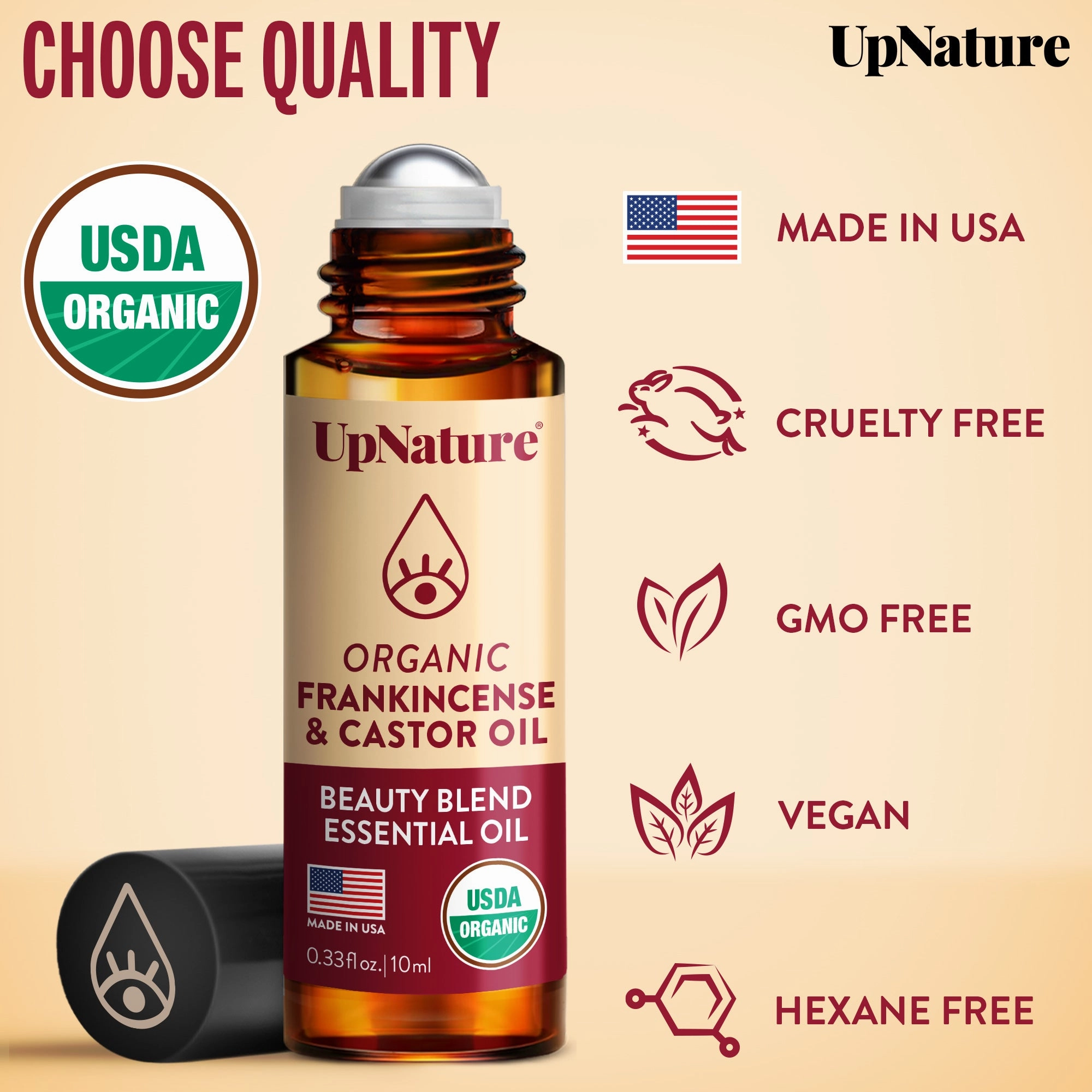 UpNature Beauty Essential Oil Blend Roll On - 100% Organic Castor Oil & Frankincense for Face Under Eye Roller Ball Rollerball
