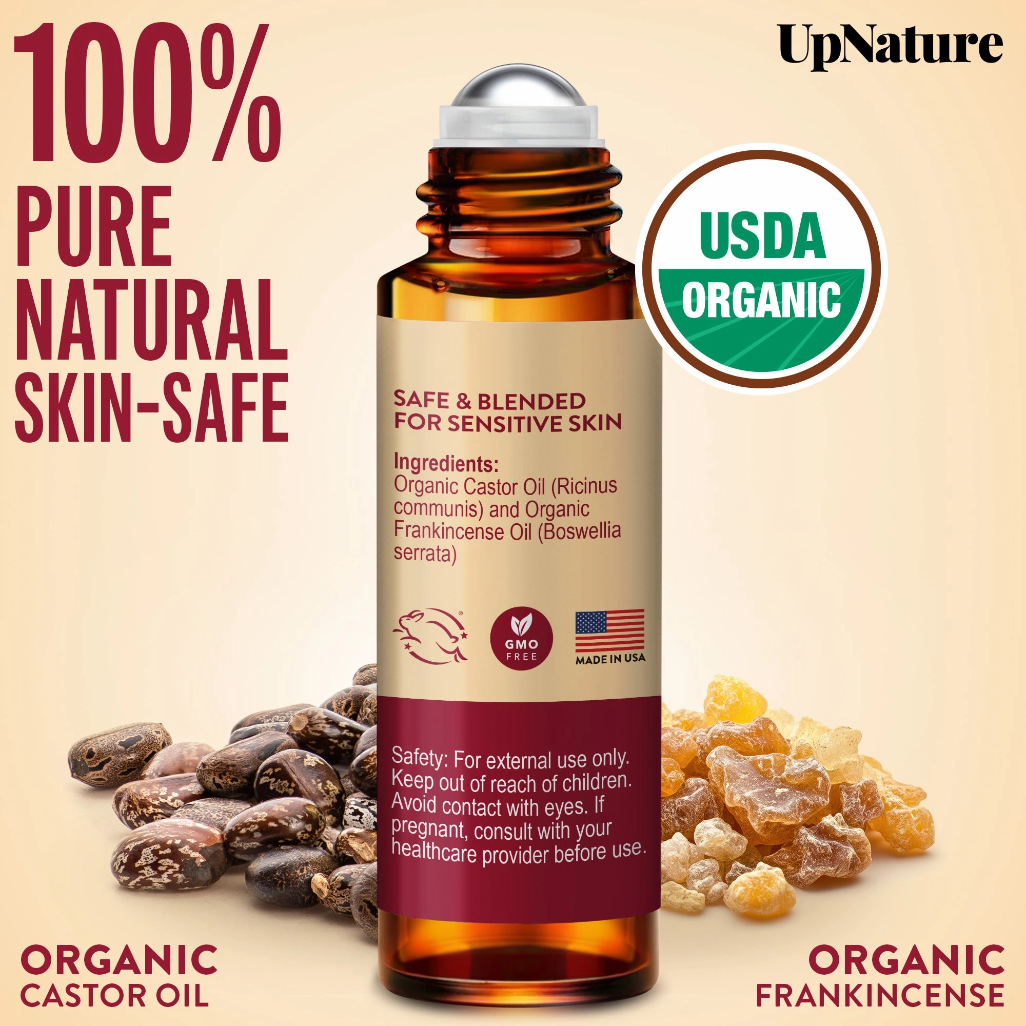 UpNature Beauty Essential Oil Blend Roll On - 100% Organic Castor Oil & Frankincense for Face Under Eye Roller Ball Rollerball