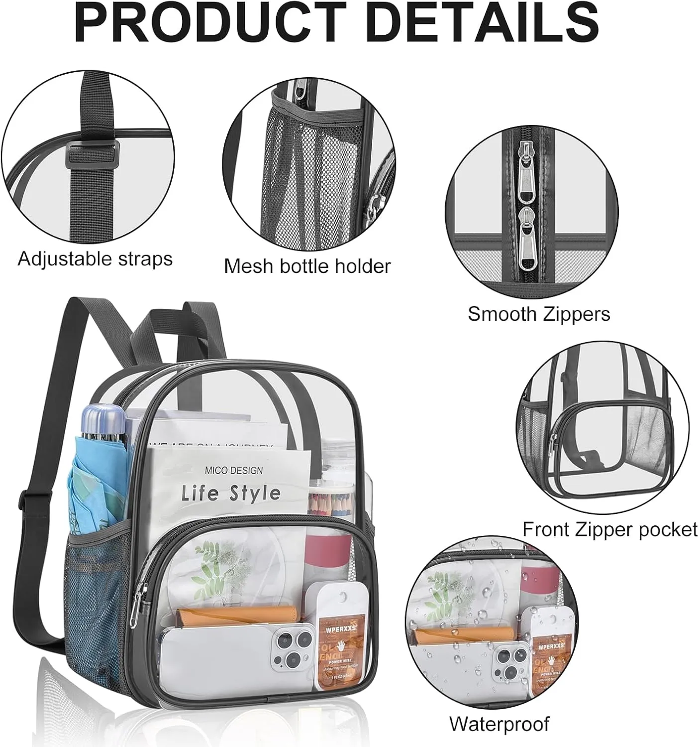 USPECLARE Clear Backpack for Stadium Events Small Clear Backpack 11.5x9.5x6 for Concert Sport Events Work Travel