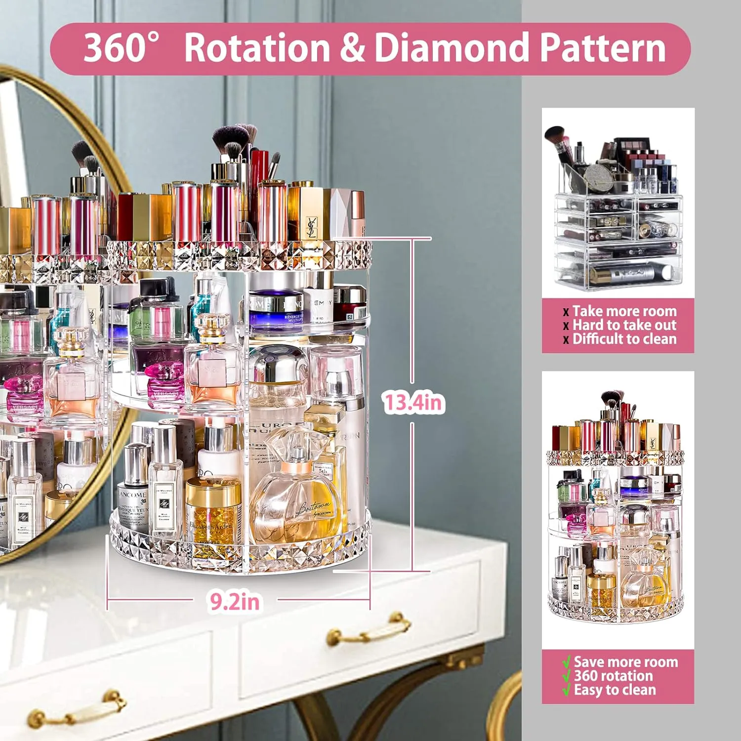 V-HANVER Makeup Organizer Combo - 360° Rotating Makeup Organizer with 7 Adjustable Layers Acrylic Skincare Organizer Large Cosmetic Display Case Clear Perfume Organizer with Makeup Lipstick Holder