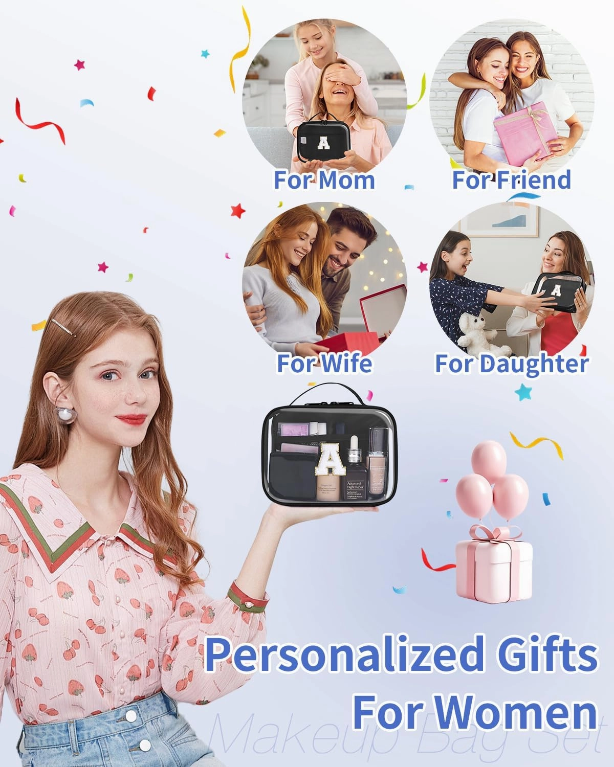 Wandering Nature Clear Makeup Bags 2 Pack Personalized Initial Makeup Pouch Preppy Small Cosmetic Pouch Organizer Travel Toiletry Bag, Birthday Gifts for Girlfriend Women