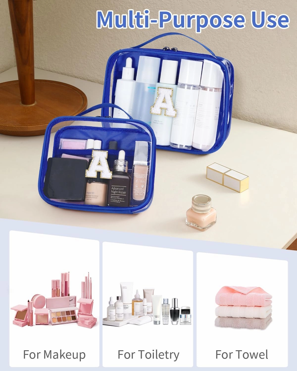 Wandering Nature Clear Makeup Bags 2 Pack Personalized Initial Makeup Pouch Preppy Small Cosmetic Pouch Organizer Travel Toiletry Bag, Birthday Gifts for Girlfriend Women