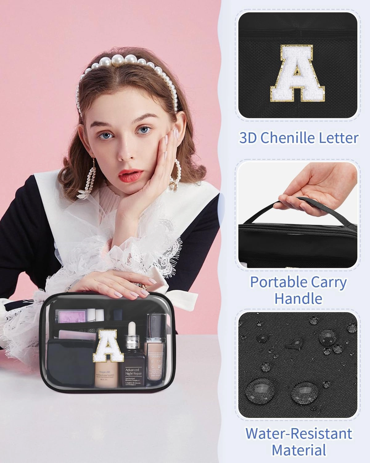 Wandering Nature Clear Makeup Bags 2 Pack Personalized Initial Makeup Pouch Preppy Small Cosmetic Pouch Organizer Travel Toiletry Bag, Birthday Gifts for Girlfriend Women