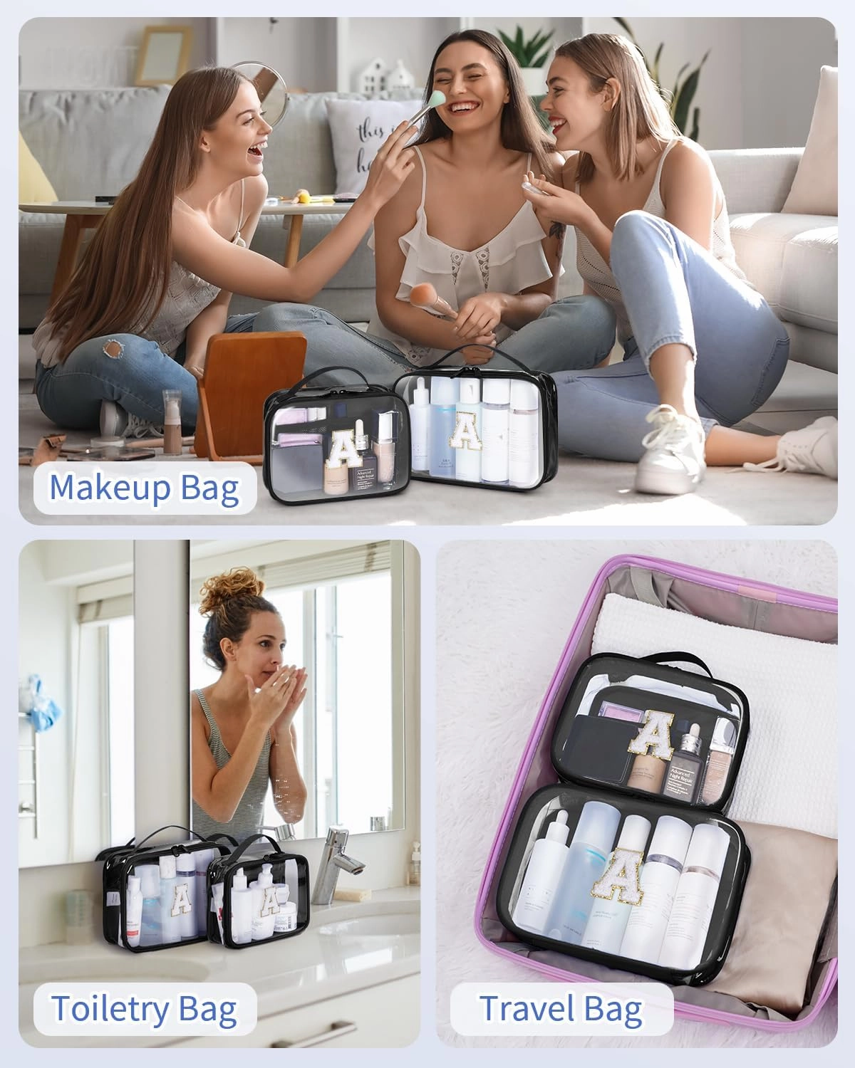 Wandering Nature Clear Makeup Bags 2 Pack Personalized Initial Makeup Pouch Preppy Small Cosmetic Pouch Organizer Travel Toiletry Bag, Birthday Gifts for Girlfriend Women