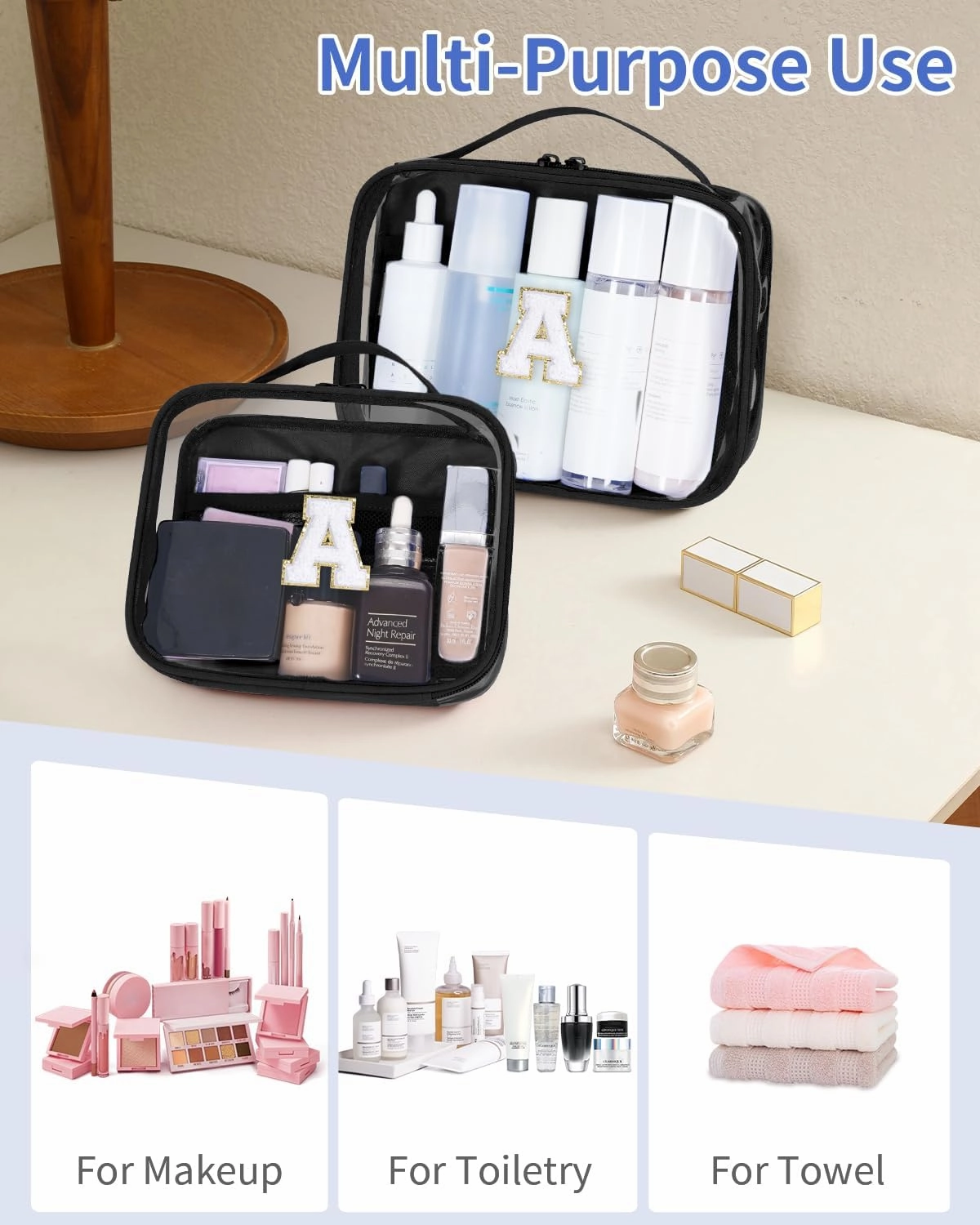 Wandering Nature Clear Makeup Bags 2 Pack Personalized Initial Makeup Pouch Preppy Small Cosmetic Pouch Organizer Travel Toiletry Bag, Birthday Gifts for Girlfriend Women