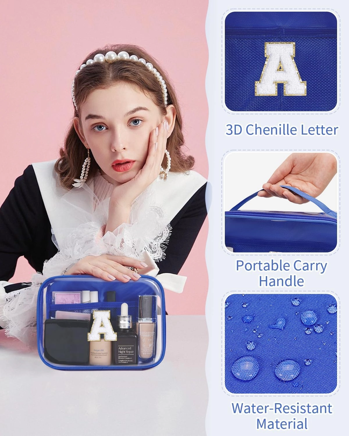 Wandering Nature Clear Makeup Bags 2 Pack Personalized Initial Makeup Pouch Preppy Small Cosmetic Pouch Organizer Travel Toiletry Bag, Birthday Gifts for Girlfriend Women
