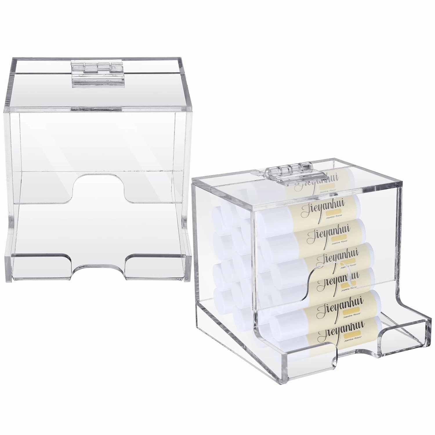 Wenqik 2 Pack Clear Acrylic Lip Balm Dispenser with Hinged Lid Home Freestanding Countertop Display for Lipsticks Glosses or Lip Balm Essential Oils (3.4 x 3.4 x 3.07 inch)