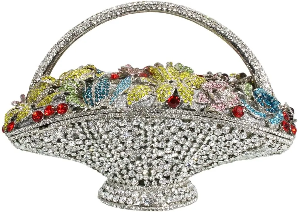Women Vintage Floral Basket Rhinestones Evening Bag Flower Crystal Clutch Purse Diamond Handbag for Wedding Party