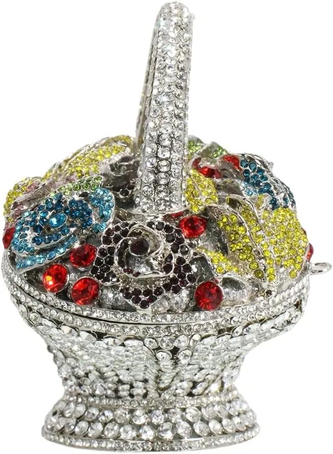 Women Vintage Floral Basket Rhinestones Evening Bag Flower Crystal Clutch Purse Diamond Handbag for Wedding Party
