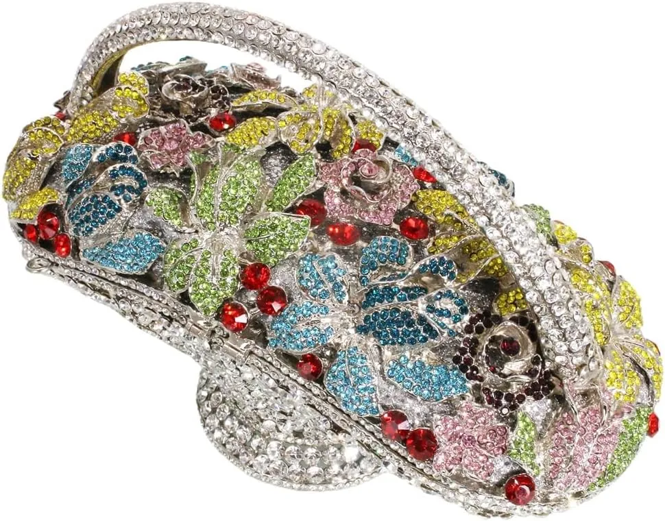 Women Vintage Floral Basket Rhinestones Evening Bag Flower Crystal Clutch Purse Diamond Handbag for Wedding Party