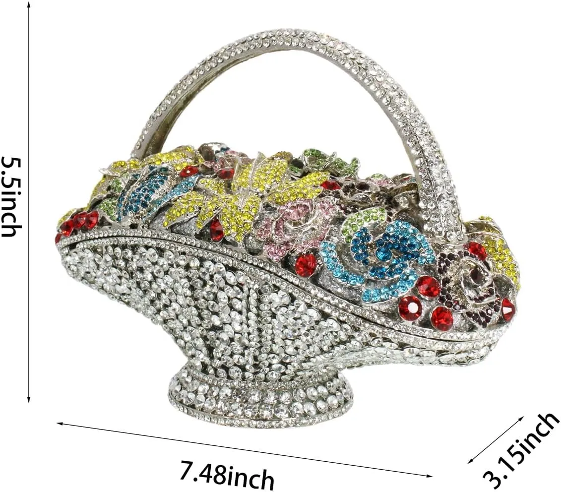 Women Vintage Floral Basket Rhinestones Evening Bag Flower Crystal Clutch Purse Diamond Handbag for Wedding Party