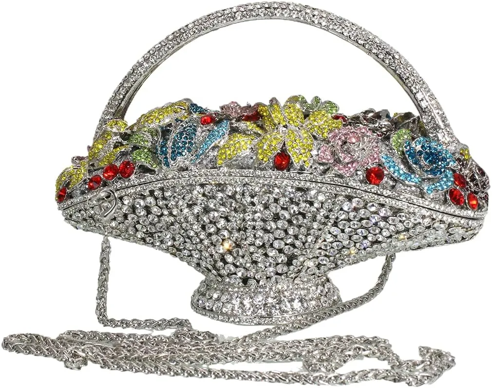 Women Vintage Floral Basket Rhinestones Evening Bag Flower Crystal Clutch Purse Diamond Handbag for Wedding Party
