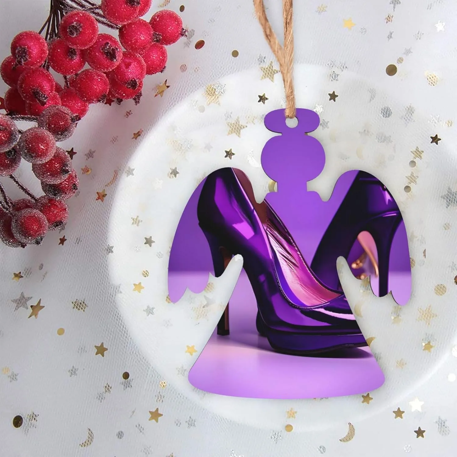 Wooden Christmas Ornaments with Ropes,Christmas Tree Ornaments Decorations for Christmas Holiday,Elegant Purple High Heels with Lipstick Print