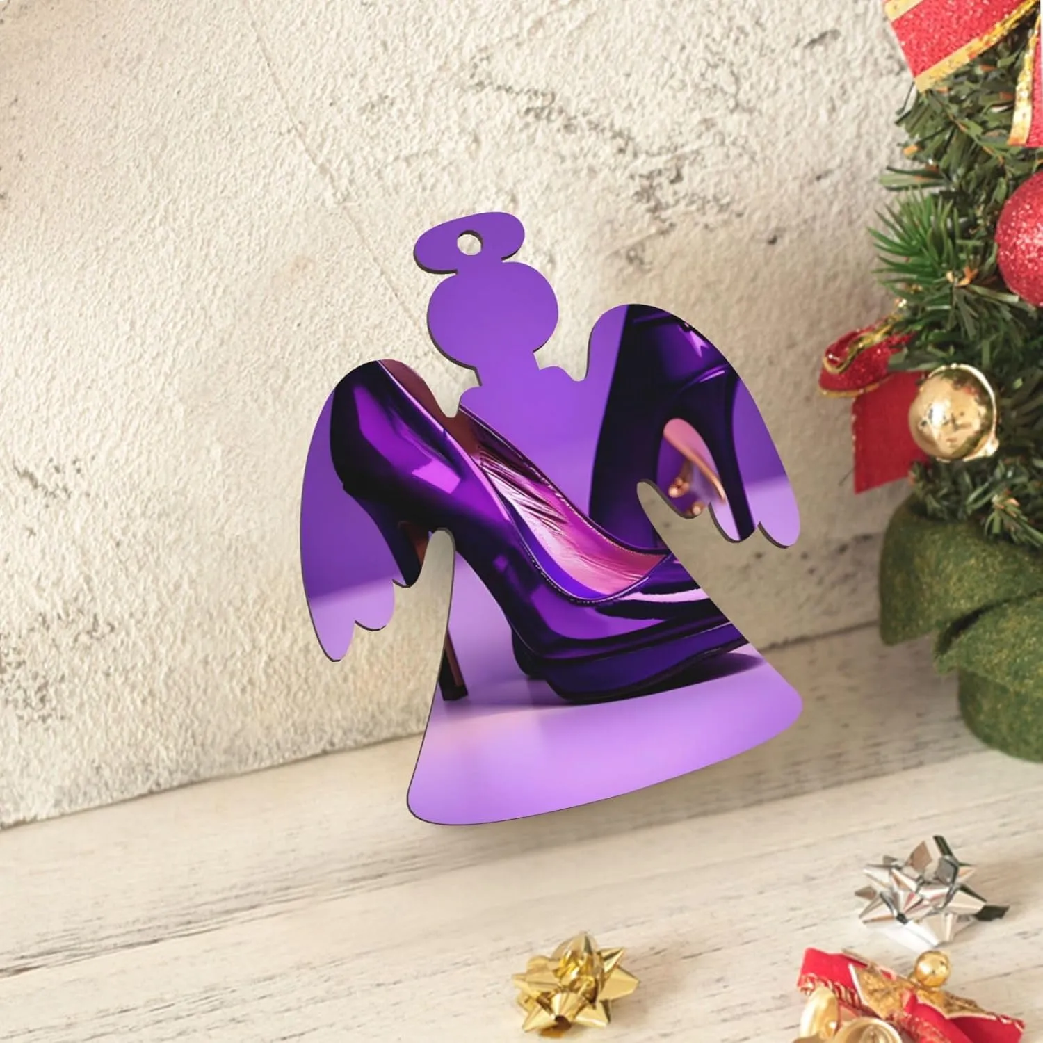 Wooden Christmas Ornaments with Ropes,Christmas Tree Ornaments Decorations for Christmas Holiday,Elegant Purple High Heels with Lipstick Print