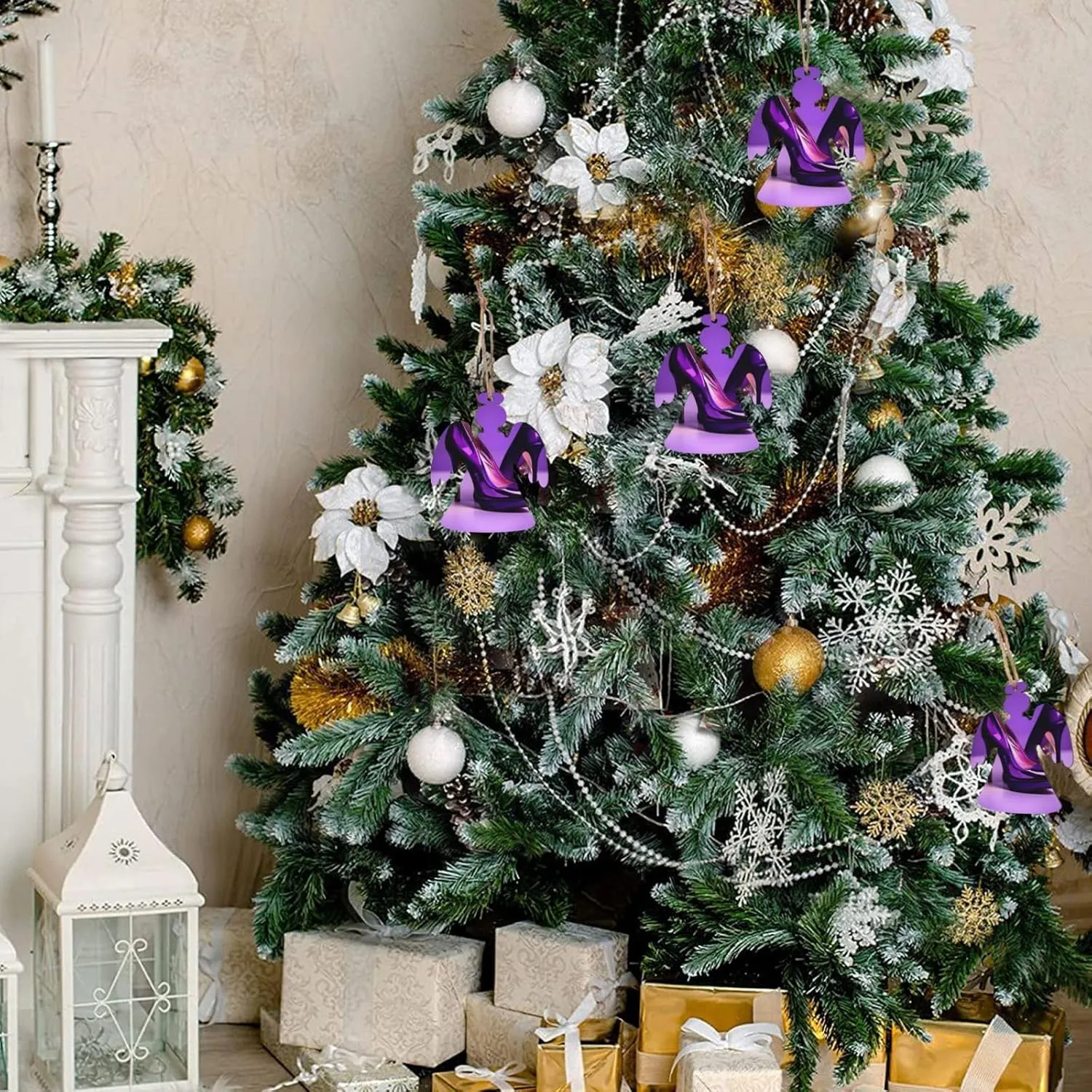 Wooden Christmas Ornaments with Ropes,Christmas Tree Ornaments Decorations for Christmas Holiday,Elegant Purple High Heels with Lipstick Print