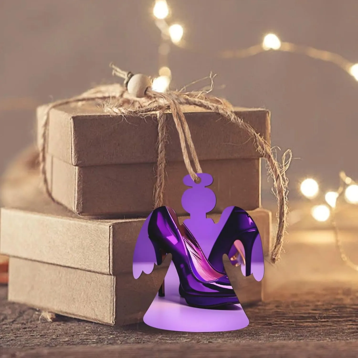 Wooden Christmas Ornaments with Ropes,Christmas Tree Ornaments Decorations for Christmas Holiday,Elegant Purple High Heels with Lipstick Print