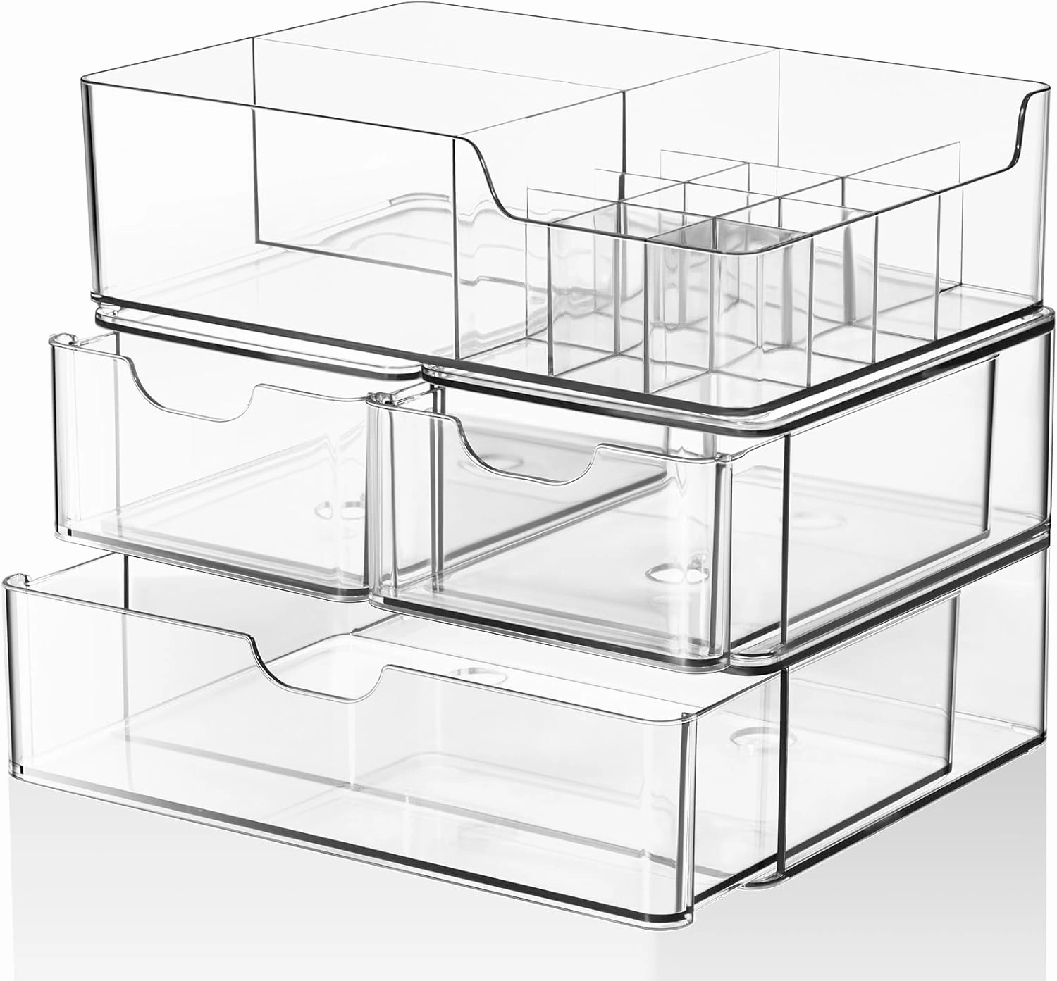 WRONWA 3 Tier Clear Makeup Organizer with Drawer, Acrylic Storage Drawers, Cosmetic Display Case for Vanity Bathroom Countertop, Beauty Holder for Lipstick Brush Skincare Perfume