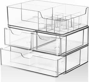 WRONWA 3 Tier Clear Makeup Organizer with Drawer, Acrylic Storage Drawers, Cosmetic Display Case for Vanity Bathroom Countertop, Beauty Holder for Lipstick Brush Skincare Perfume