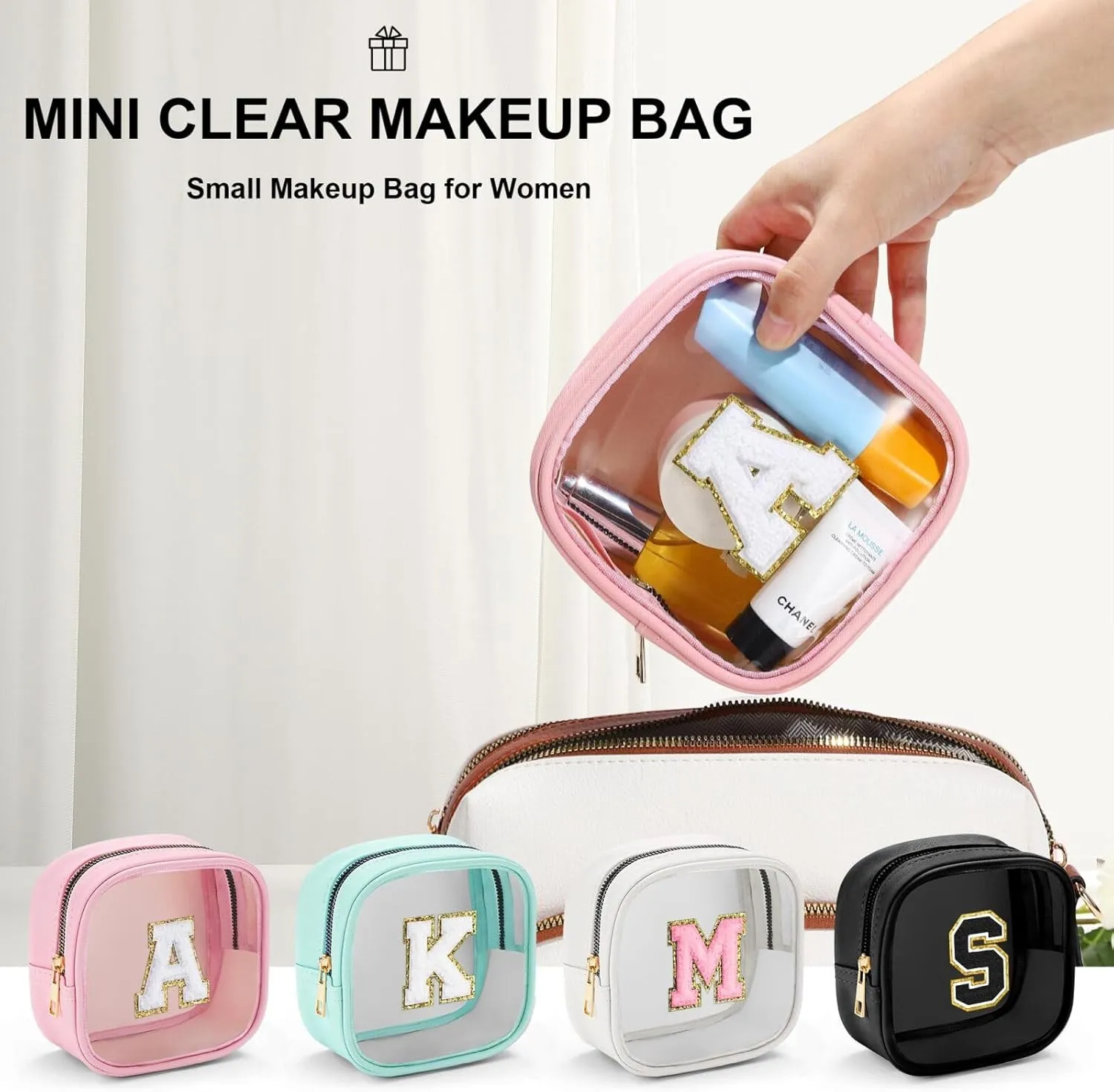 YOOLIFE Mini Initial Makeup Bag | Clear Makeup Bag | Preppy Cosmetic Bags Travel Essentials Gifts for Women Teen Girlfriend Teacher Birthday Clear Toiletry Bag Small Cosmetic Bag for Purse Pink K