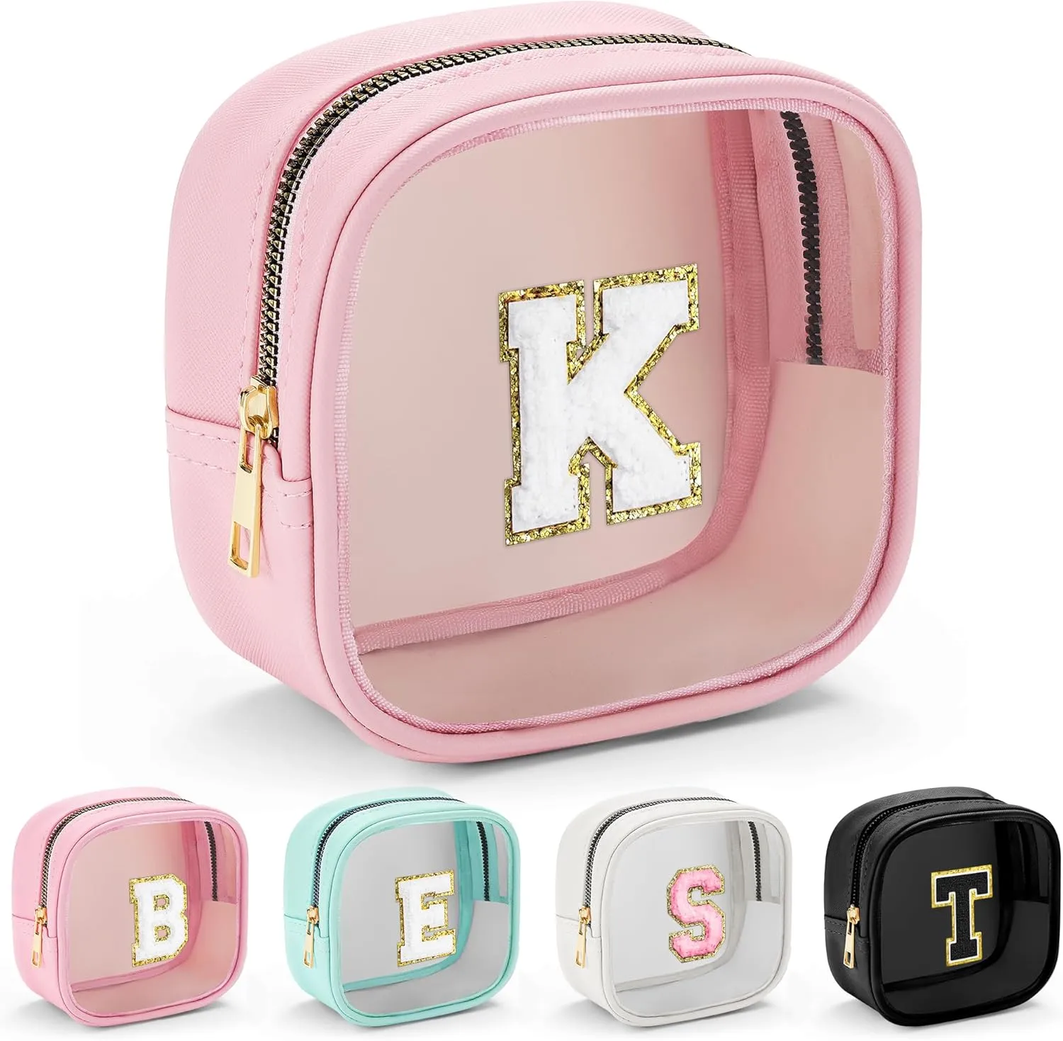 YOOLIFE Mini Initial Makeup Bag | Clear Makeup Bag | Preppy Cosmetic Bags Travel Essentials Gifts for Women Teen Girlfriend Teacher Birthday Clear Toiletry Bag Small Cosmetic Bag for Purse Pink K