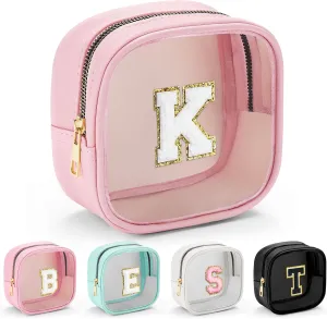 YOOLIFE Mini Initial Makeup Bag | Clear Makeup Bag | Preppy Cosmetic Bags Travel Essentials Gifts for Women Teen Girlfriend Teacher Birthday Clear Toiletry Bag Small Cosmetic Bag for Purse Pink K