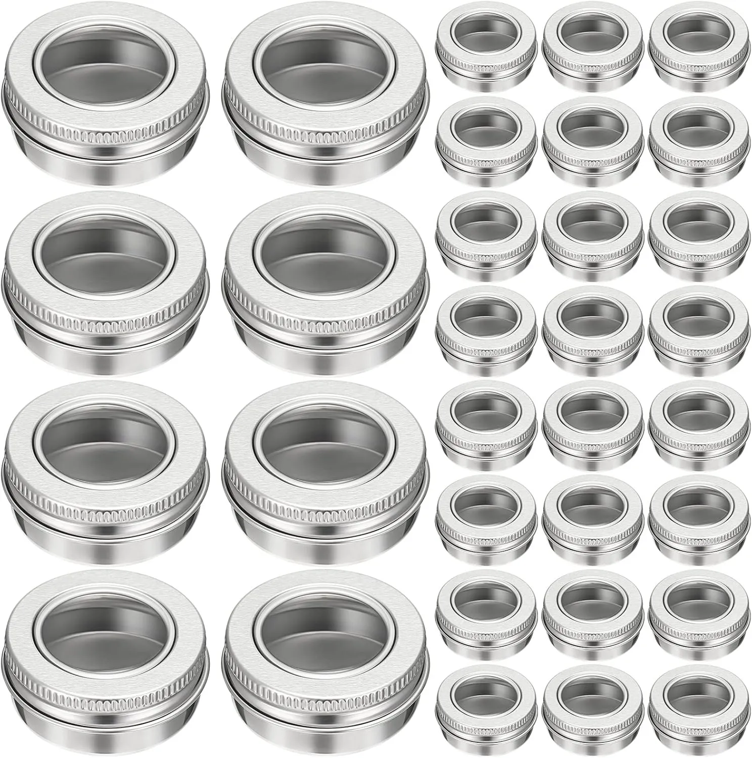 Zubebe 100 Pcs Aluminum Tin Jar Refillable Containers Clear Top Screw Lid Round Tin Container Bottle for Cosmetic, Cream, Diamond Painting, Salves, Balms, Lip Balm, Spices or Others, Silver (2 oz)